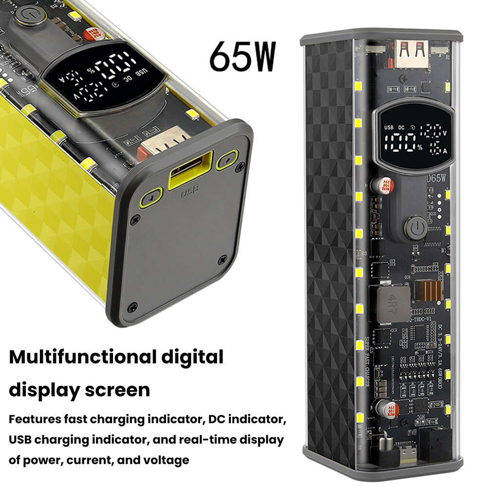 Yellow - PD 65W Super Fast Charging Transparent Power Bank Case Weldless 8-Cell 18650 Battery Box DC