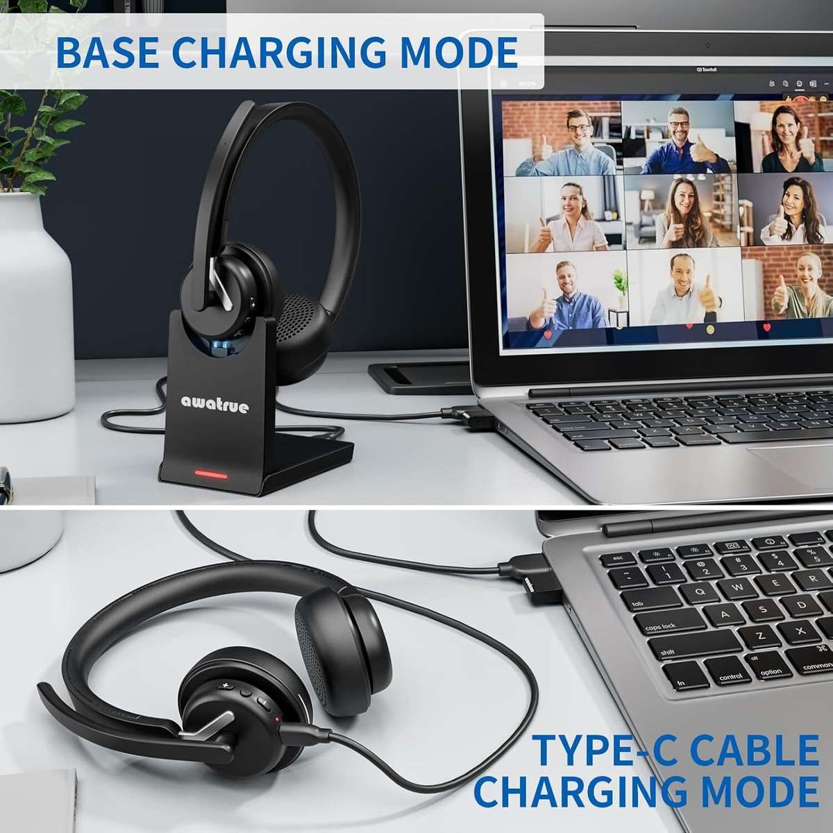 Black - Awatrue EH11 2.4G Wireless Headset bluetooth Headphone with Charging Base AI Call Noise Canc