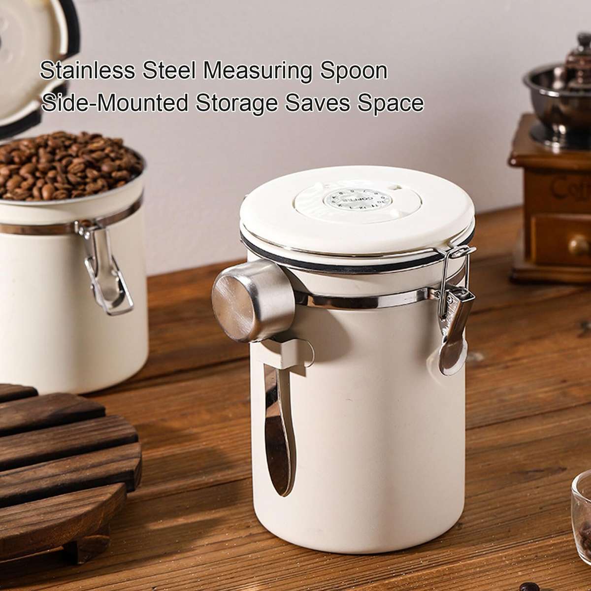 stainless steel - 1.8L Stainless Steel Coffee Bean Container with Date Display and Spoon Sealed Coff