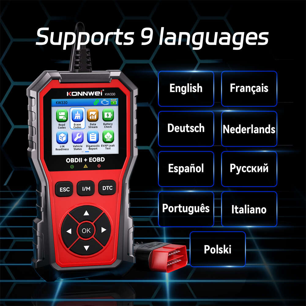 Red - KONNWEI KW330 OBDII EOBD CAN Engine Code Reader 2.8-inch TFT Screen Battery Test Multi-languag