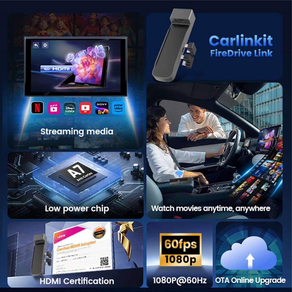 Black - FireDrive Link Pro 3-In-1 Wireless Adapter Wireless Android Auto CarPlay For Fire TV Stick L