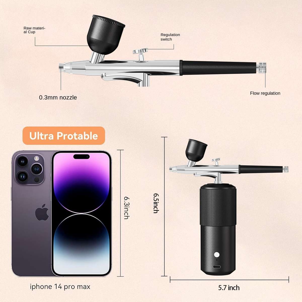 C - Portable Mini Airbrush with Compressor 23 psi 12V Rechargeable Wireless Airbrush for Nail Art Ca