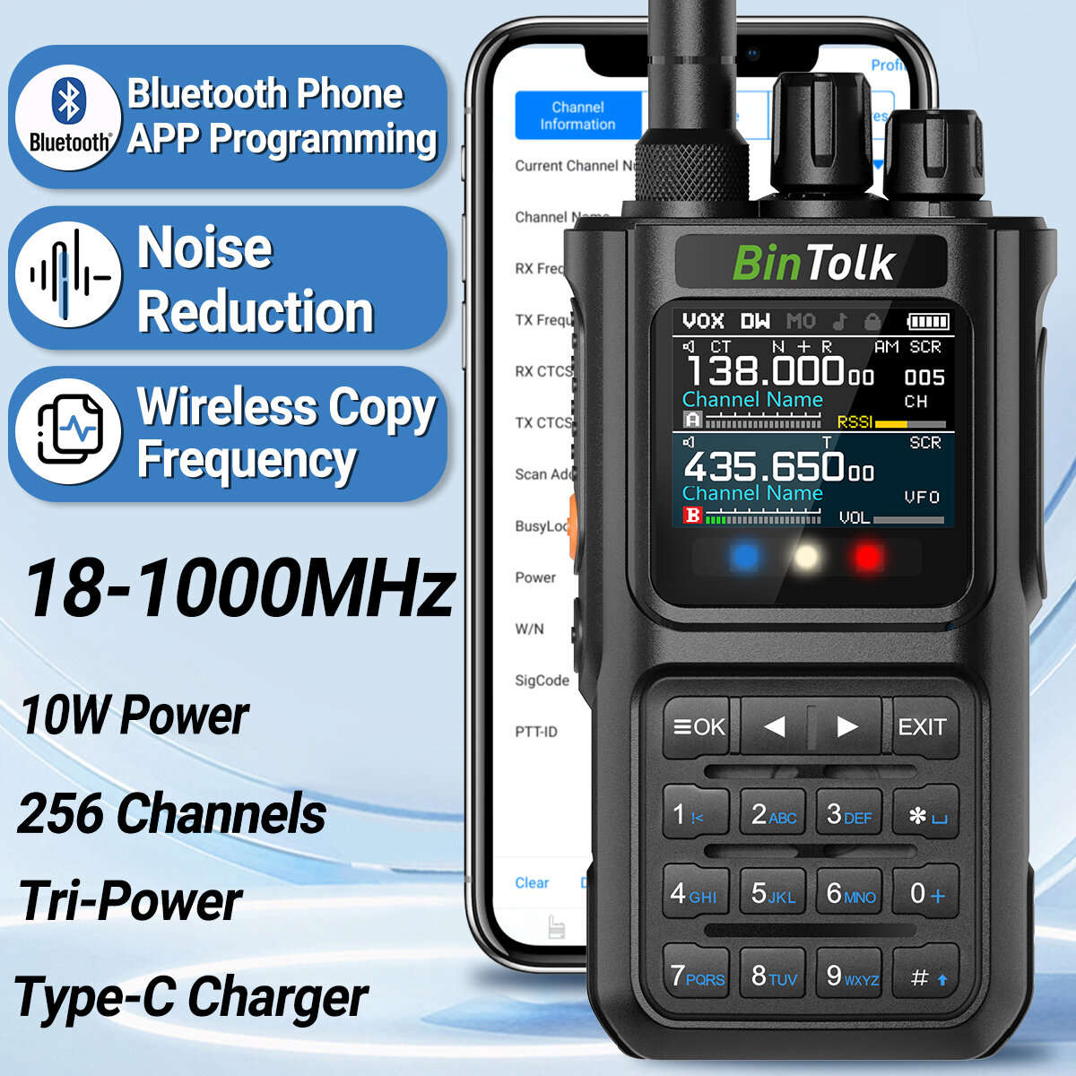 Standard Version - BinTolk BT8000 10W Multi Band Radio Walkie Talkie 256 Channels Type-C Charging Bl