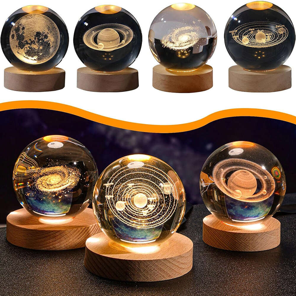 #2 - 3D Crystal Ball Night Light With Led Wooden Lamp Base Bedside Light Home Decor Christmas Gift N