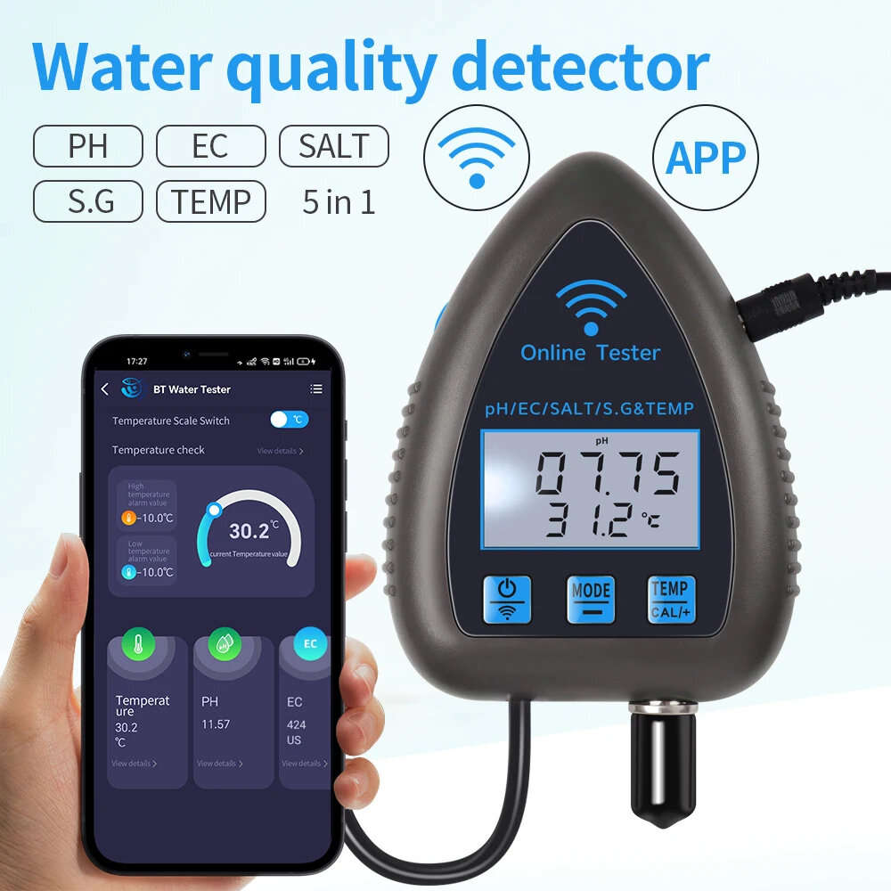WF9953 - Tuya WiFi Bluetooth 5 in 1 Water Quality Monitor PH EC SALT SG Temperature Multi Function W