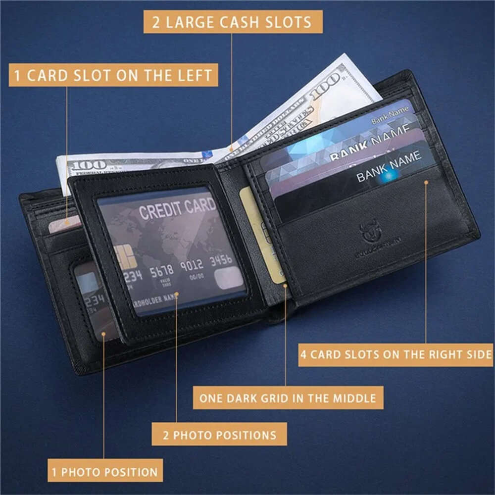 Black - BULLCAPTAIN Business Casual Billfold Cowhide Leather Men Wallet with Gift Box Short Crocodil