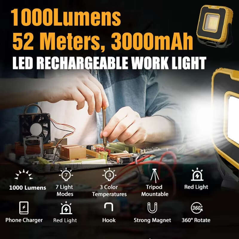 Grey - 2024 1000LM Super Bright Portable LED Spotlight Camping Lamp 3000mAh LED Work Light Rechargea