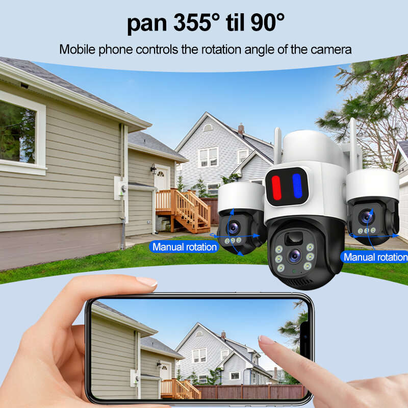 4G - Three Lens 6MP HD Solar Powered Security Camera 5X Zoom PTZ Color Night Vision Red Blue Alarm W