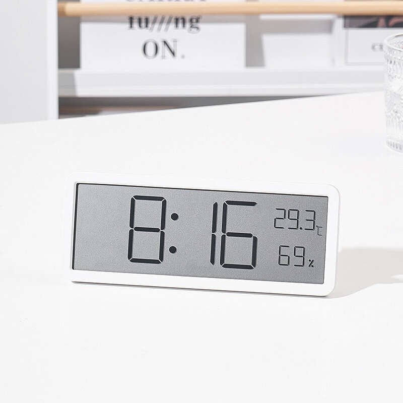 White - LCD Screen Digital Wall Clock Time Temperature Humidity Time Display Electronic Clock Deskto