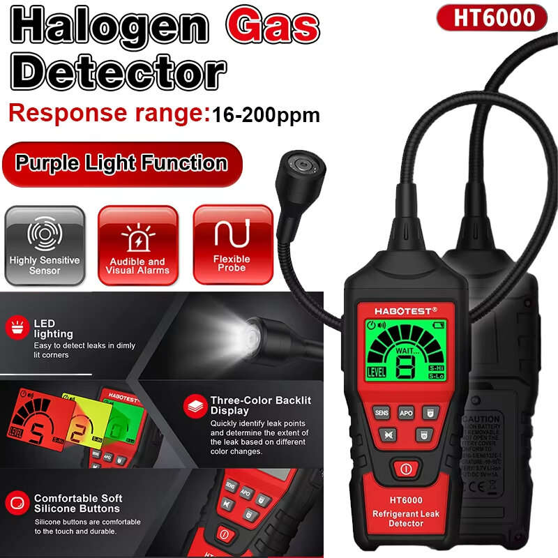 Red - HABOTEST HT6000 Halogen Gas Leak Tester Audible Visual Alarms 16-200PPM High-Sensitivity Senso