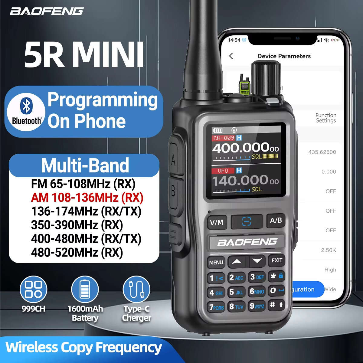 Baofeng UV-5R Mini 5W Power Multi-Band Walkie Talkie 999 Channels bluetooth Programmable - LS