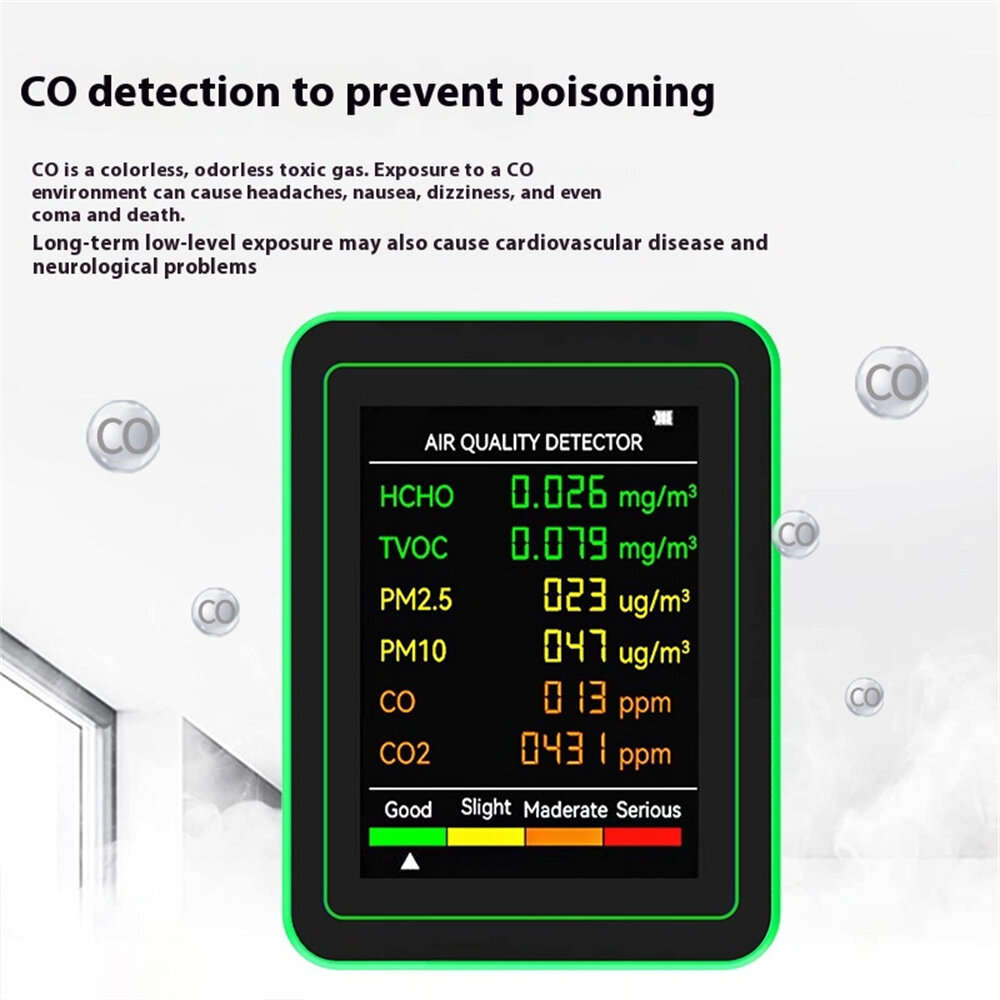 White - 6-in-1 Air Quality Tester HCHO TVOC PM2.5 PM10 CO2 CO/humidity 2 Types USB Type-C Rechargeab