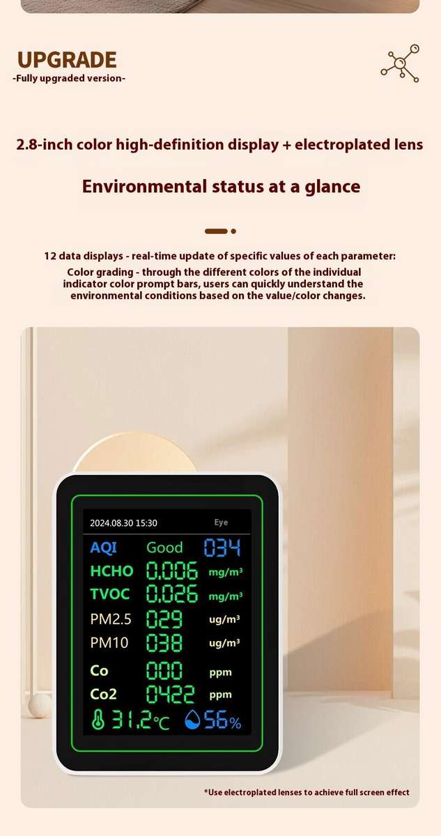 White - NEW 12 in 1 Air Quality Monitor Formaldehyde Space Contrast Function TVOC CO CO2 PM2.5 PM10