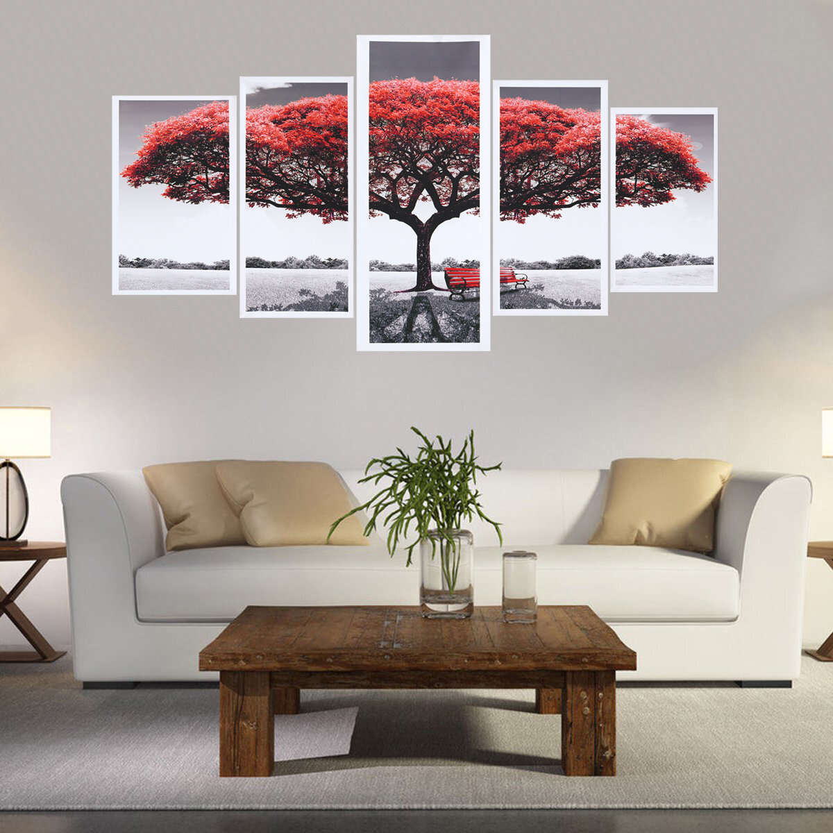 5Pcs Red Tree Canvas Paintings Wall Decorative Print Art Pictures Unframed Wall Hanging Home Office