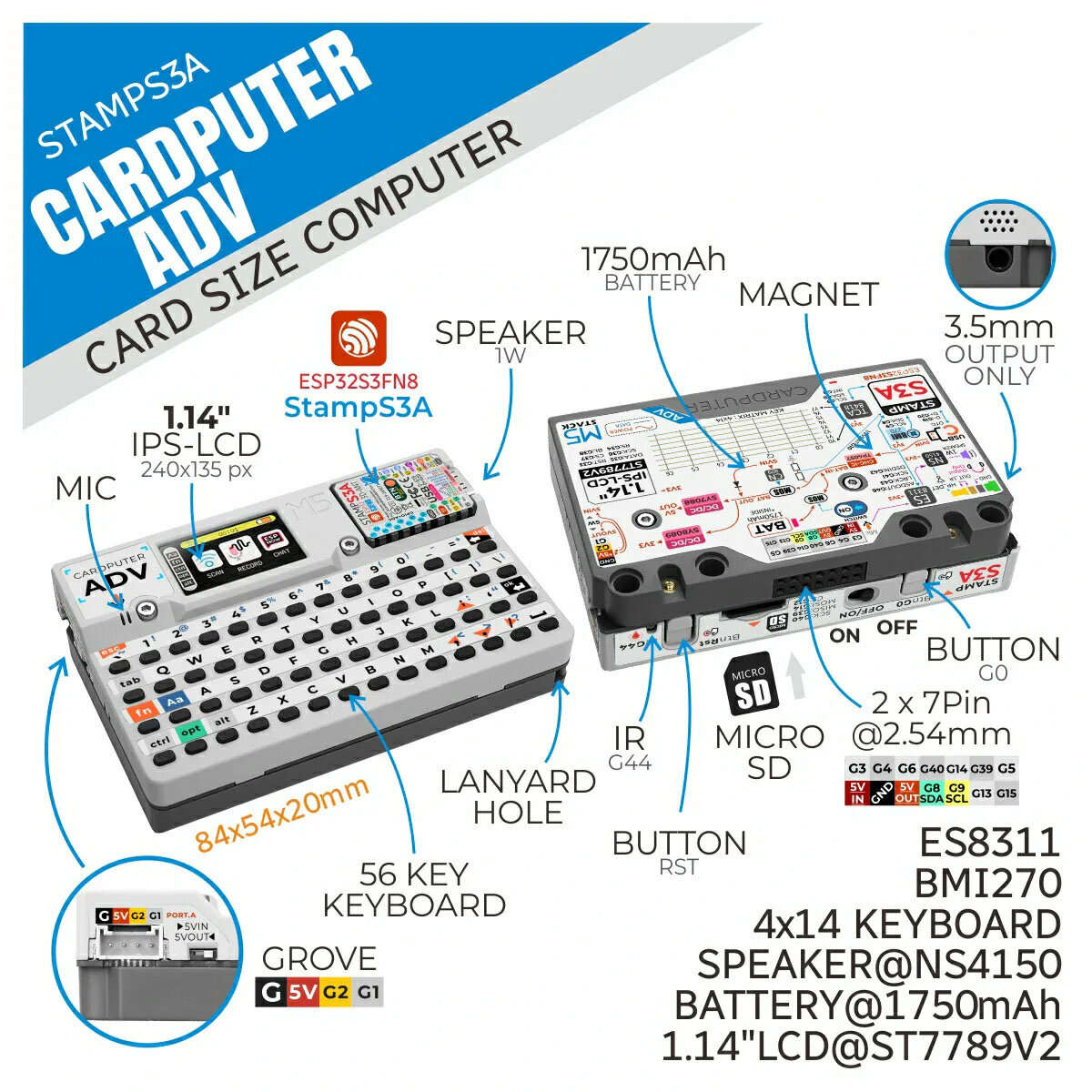 M5Stack Cardputer Adv + Cap LoRa 1262 ESP32-S3 Programmable Computer 56 Key Keyboard 1.14 Inch LCD D