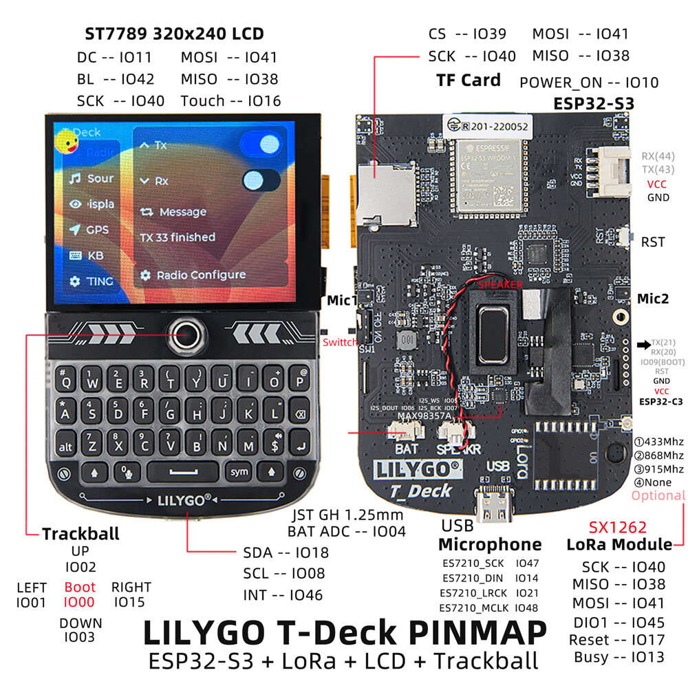 868MHZ - LILYGO T-Deck ESP32-S3 Dual Core IoT Development Board Touchscreen Wireless WiFi Bluetooth