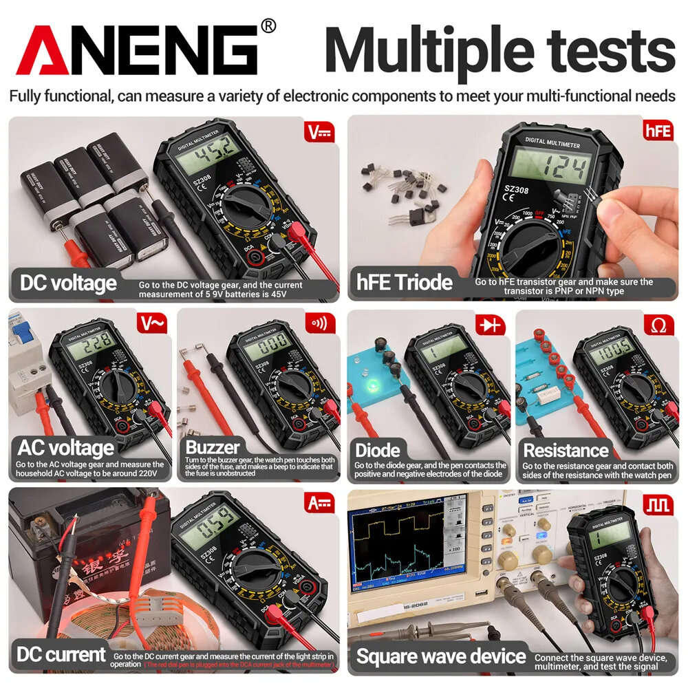 Red - ANENG SZ308 Digital Multimeter Handheld AC/DC Voltage Current Resistance Ammeter with Diode Wa