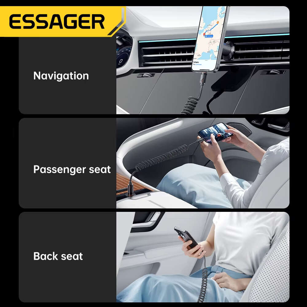 1.8M - ESSAGER ES-X66 3A/5A 60W/100W Type-C to Type-C Spring Data Cable PD3.0 QC4.0/3.0 FCP Fast Cha