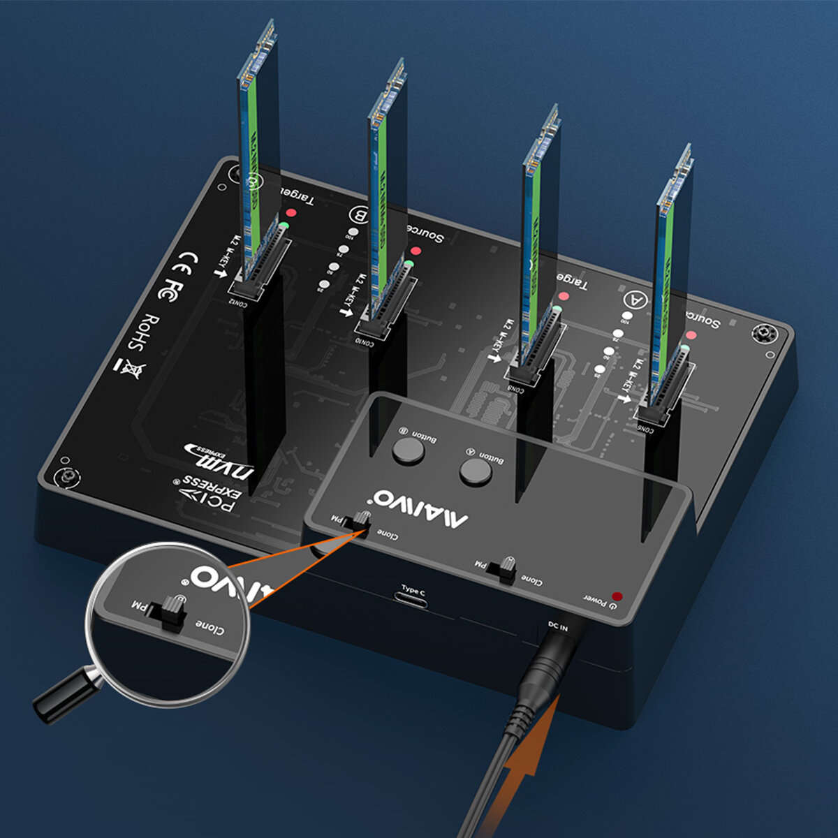 EU Plug - MAIWO 4-Bay M.2 NVME SSD Cloner Duplicator USB3.1 Gen2 10Gbps 4-Bay Offline Copy Tool-Free