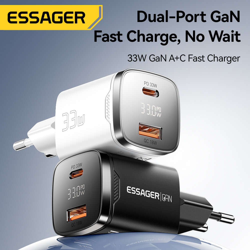 Black - [GaN Tech] ESSAGER ES-CD45 PD33W 2-Port USB PD Charger USB-A+USB-C PD3.0 QC4.0 AFC FCP PPS i