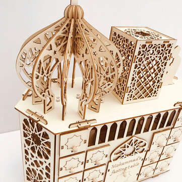 Wooden Mubarak Ramadan Advent Calendar 30 Day House Drawer LED Decor