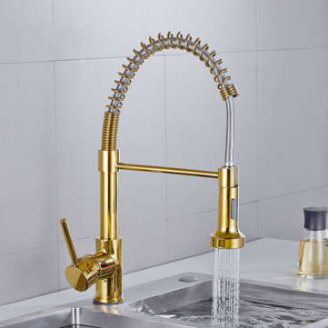 Luxury Gold Kitchen Sink Faucets Brass Single Lever Pull Out Spring Spout Mixers Tap Hot Cold Water