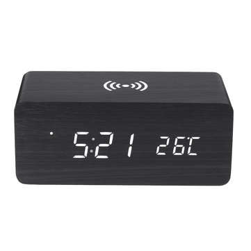 3in1 20W Qi Wireless Charge Clock Voice Control Digital LED Desk Wooden Alarm With Thermometer Xmas