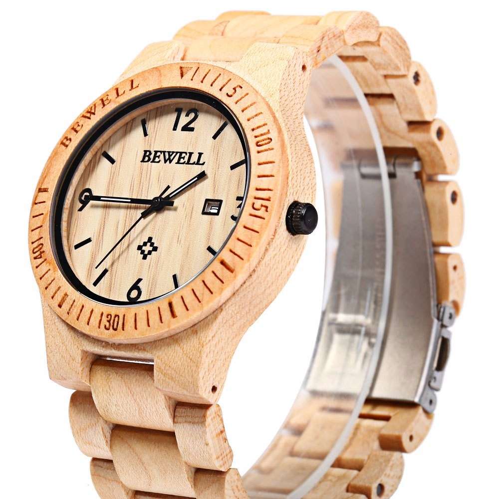 New BEWELL ZS-W086B Men Natural Wooden Auto Calendar Display Fashion Quartz Wris
