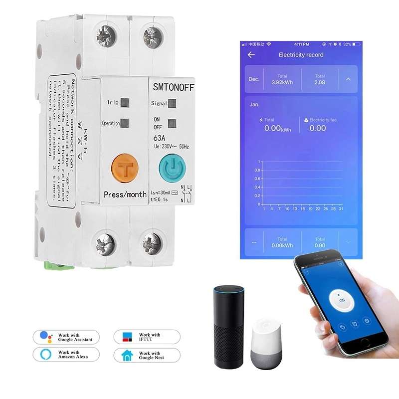 2P 63A eWelink Single Phase Din Rail WIFI Smart Switch Energy Meter Leakage Pro