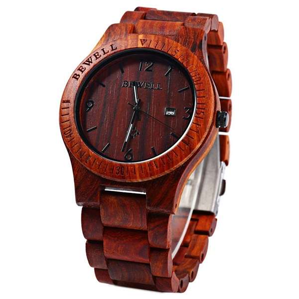 New BEWELL ZS-W086B Men Natural Wooden Auto Calendar Display Fashion Quartz Wris