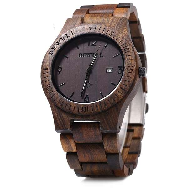 New BEWELL ZS-W086B Men Natural Wooden Auto Calendar Display Fashion Quartz Wris