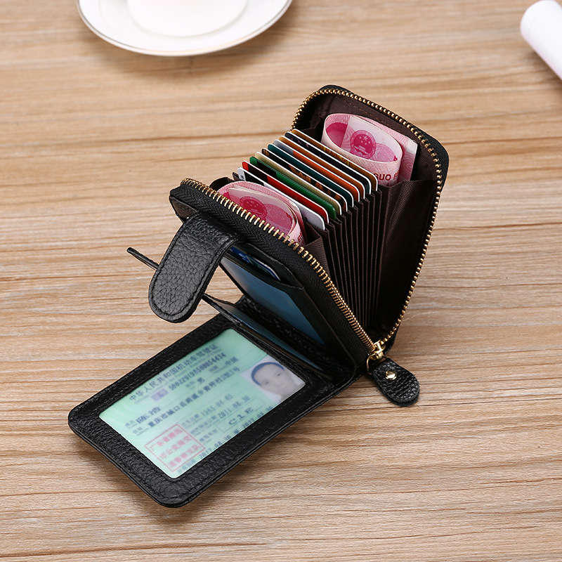 Men Genuine Leather Casual Portable Multi-Card Slot Rfid Anti-Theft Zipper Hasp Driver License Card