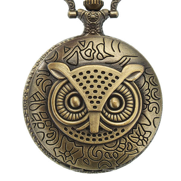 DEFFRUN XHB02 Fashion Bronze Pocket Watch Owl Pattern Necklace Vintage Chain Quartz Watch