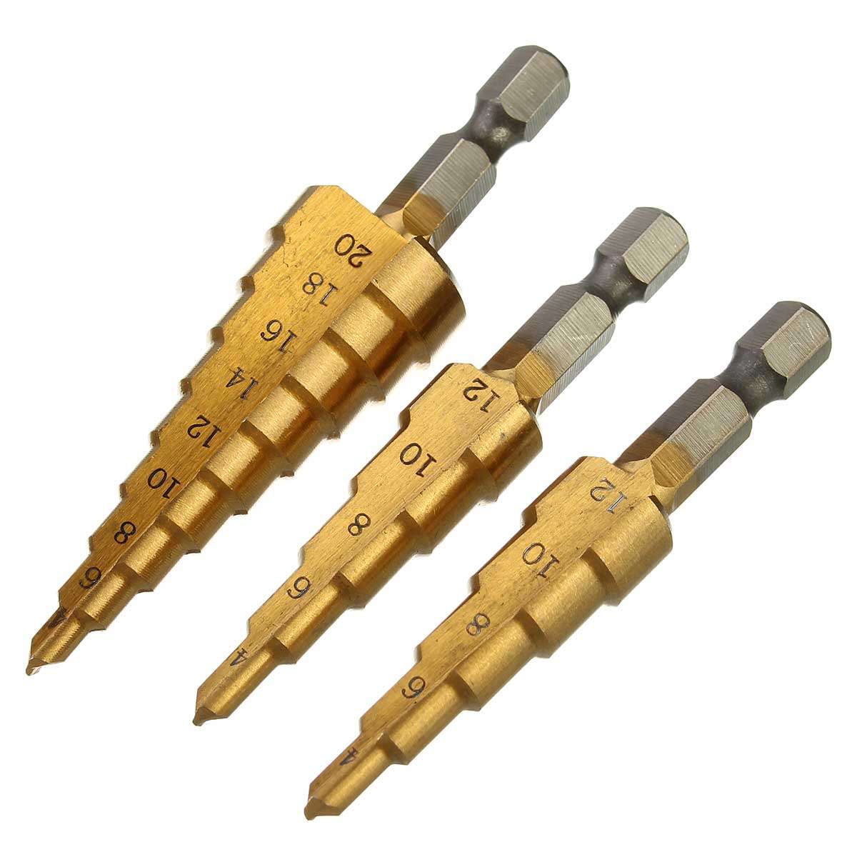 Drillpro 3Pcs 1/4 Inch Hex Shank HSS Titanium Coated Step Drill Bit Set 3-12/4-12/4-20mm