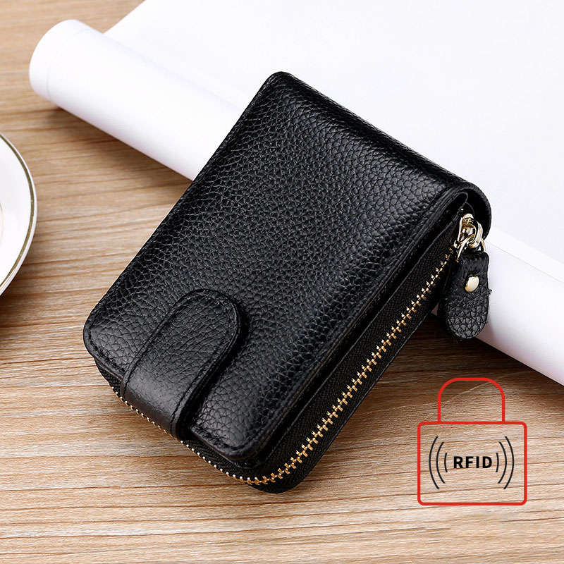 Men Genuine Leather Casual Portable Multi-Card Slot Rfid Anti-Theft Zipper Hasp Driver License Card