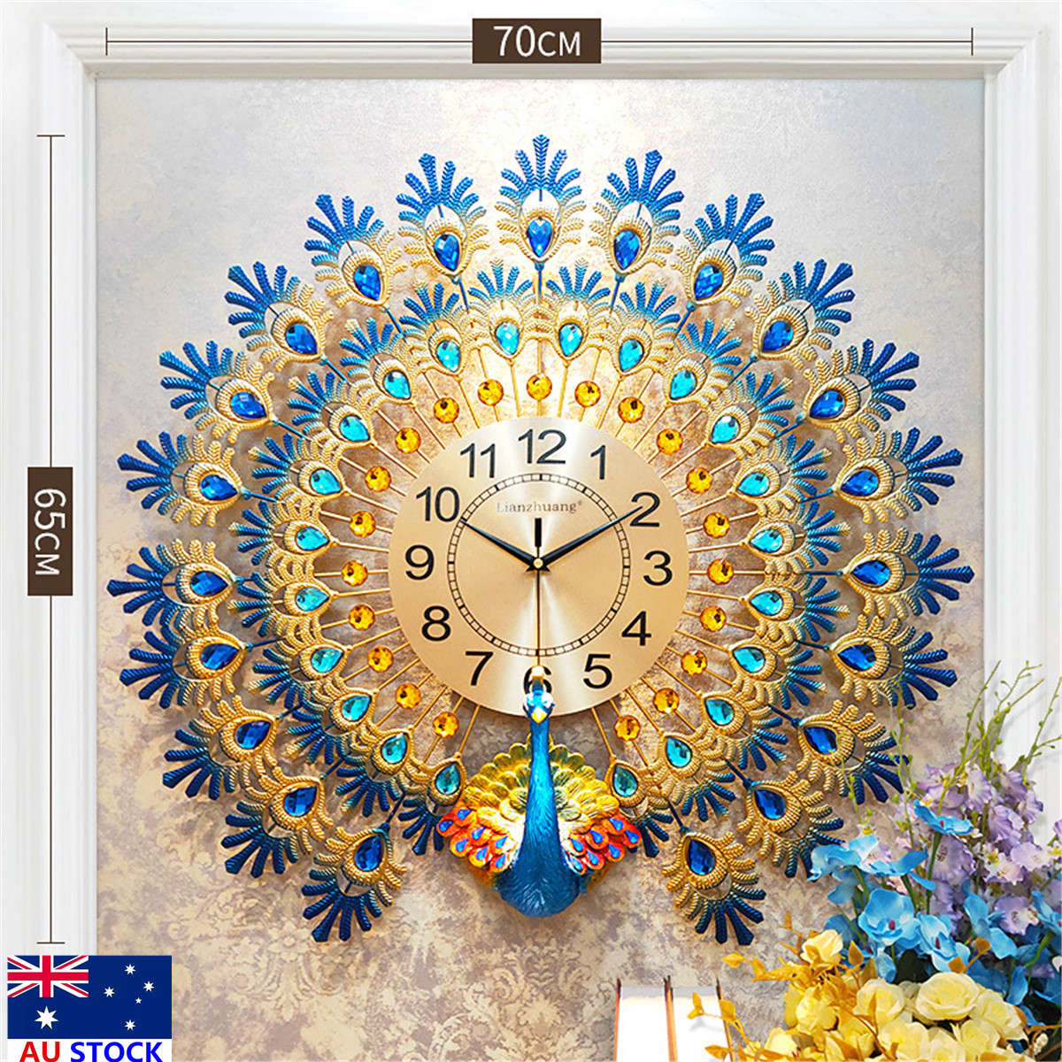 70*65cm Modern Large Peacock Wall Clock Quartz Clock Living Room Mute Home Decor...