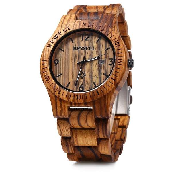 New BEWELL ZS-W086B Men Natural Wooden Auto Calendar Display Fashion Quartz Wris