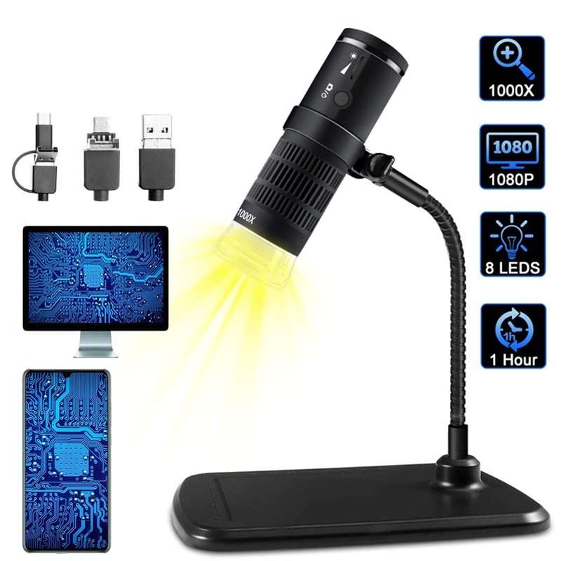 3-In-1 Handheld 1000X Magnifier USB Microscope 8Led Smart Touch Take Photo Video
