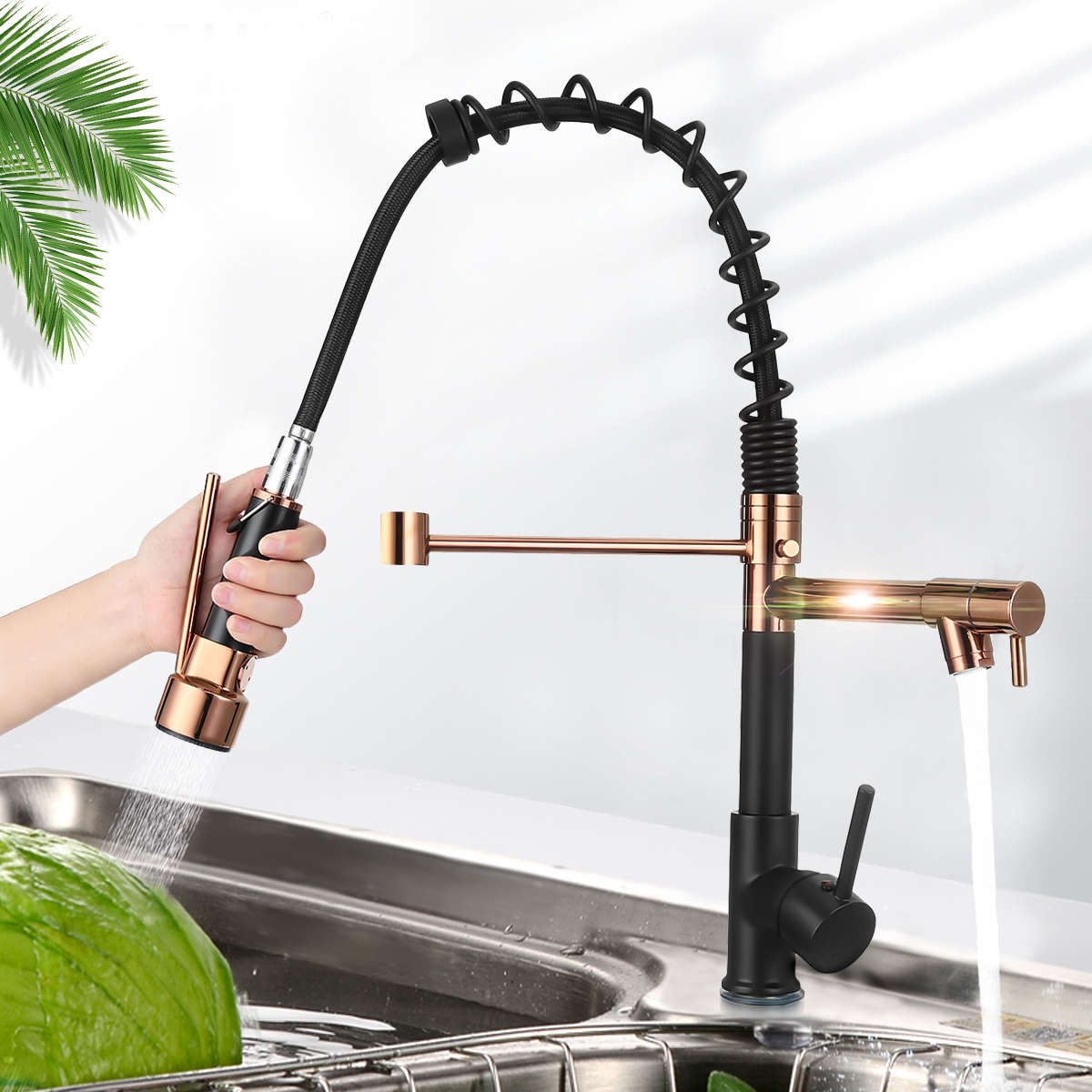 Modern Kitchen Sink Faucet Pull Out Spring Sprayer Tap Two Water Outlet Hot And