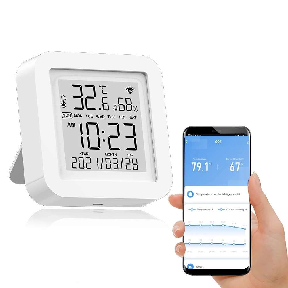 Tuya WIFI Temperature Humidity Smart Sensor Clock Digital Display Remote Control Thermometer Support