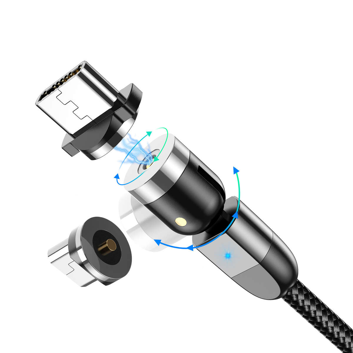 USLION 2.4A 2in1 LED 540 Magnetic Dual Position Game Quick Charge Data (Plug Micro USB Color1 Black)