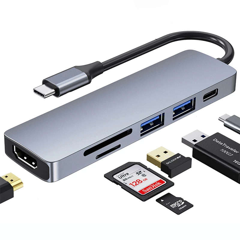 Pobod PB-C1415 6 in 1 4K USB-C Hub Docking Station Adapter with 1*HDMI/ 1*USB 3.0/ 1*USB 2.0/ 1*TF/