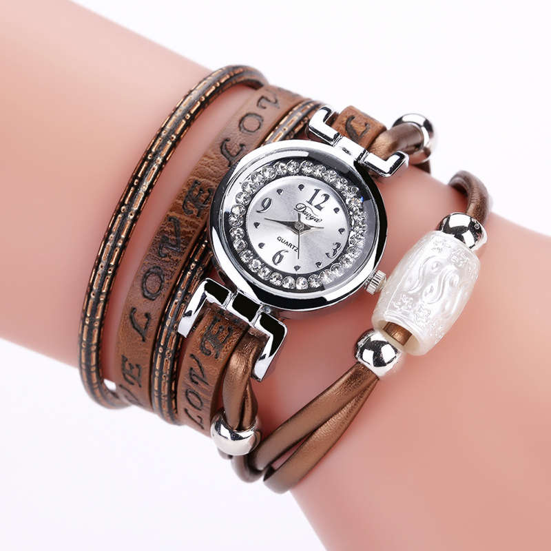 Fashion Luxury Rhinestone PU Leather Women Quartz Watch Bracelet Watch