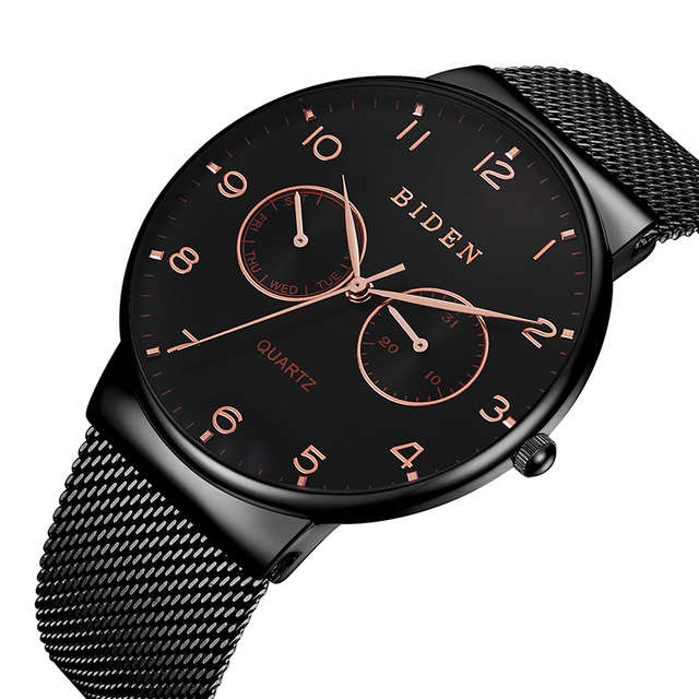 BIDEN BD0047 Ultra Thin Casual Style Men Wrist Watch Week Display Mesh Steel Quartz Watch