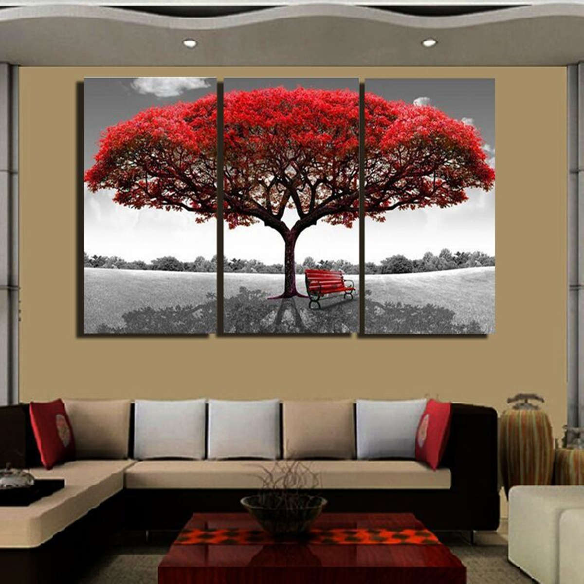 3 Pcs Wall Decorative Paintings Red Tree Canvas Print Art Pictures Frame