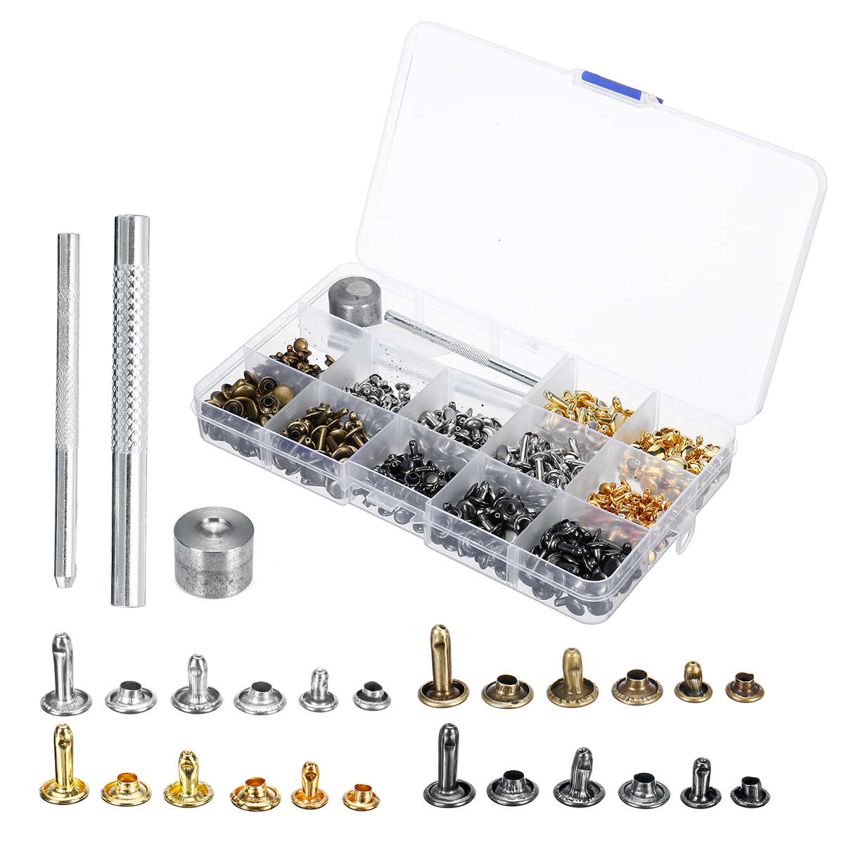 840Pcs Leather Craft Double Cap Rivets Tubular Metal Studs Fixing Tools Kit