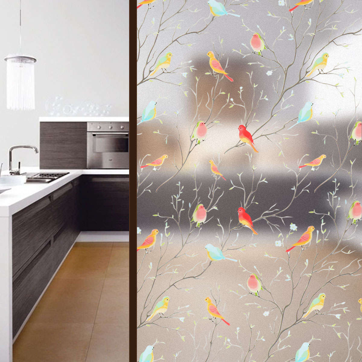 (Size 90 200cm )3D Matte Window Sticker Colorful Bird Non-adhesive Frosted Glass Static Cling St...