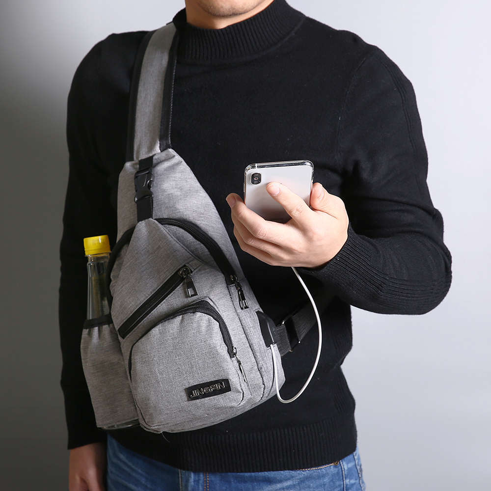 Men Oxford Large Capacity Casual Outdoor Travel USB Charging Port Sling Bag Chest Bag Cross (NO. 07)