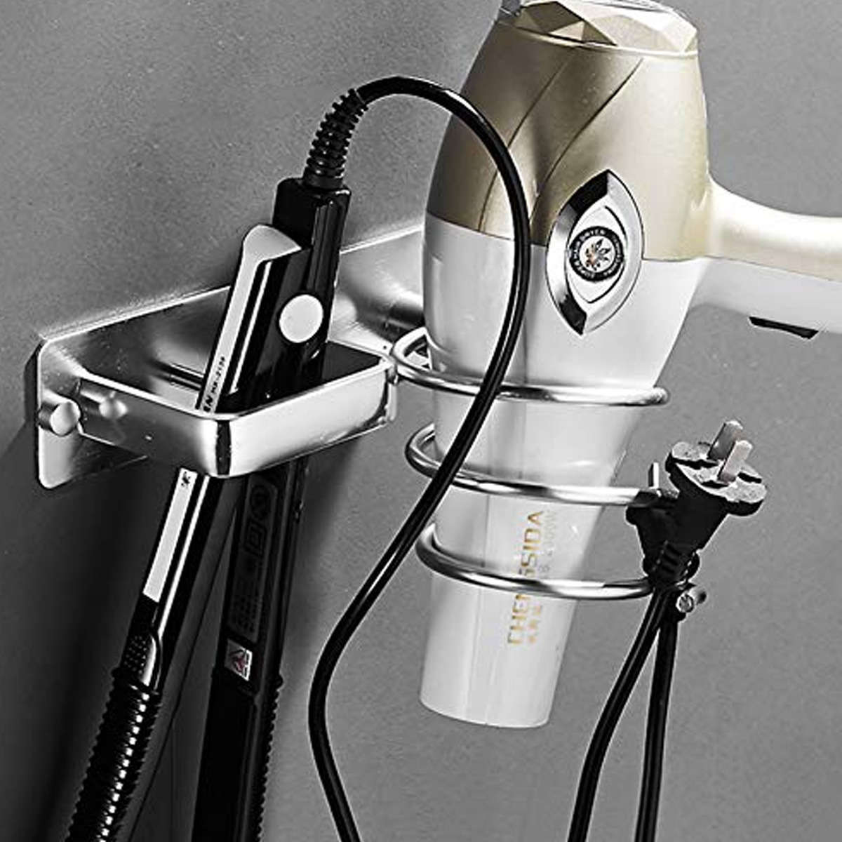 Wall Mounted Hair Dryer Holder Rack Bathroom Hair Straightener Shelf Storage Net (Color1 Black)