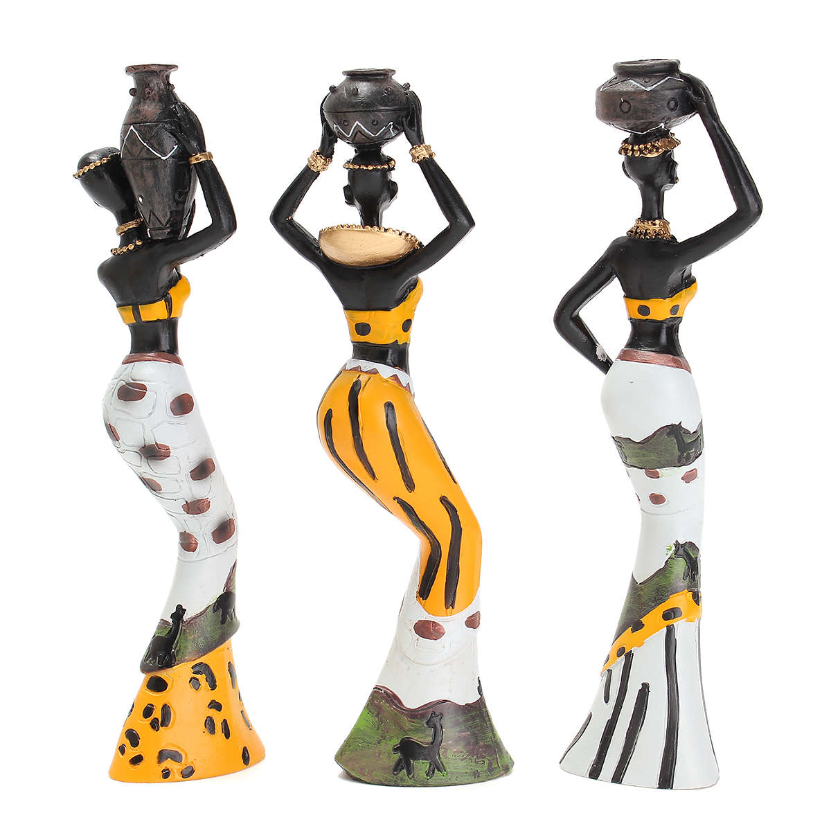 3Pcs African Lady Ornament with Vase Exquisite Ethnic Statue Sculptures Nationa